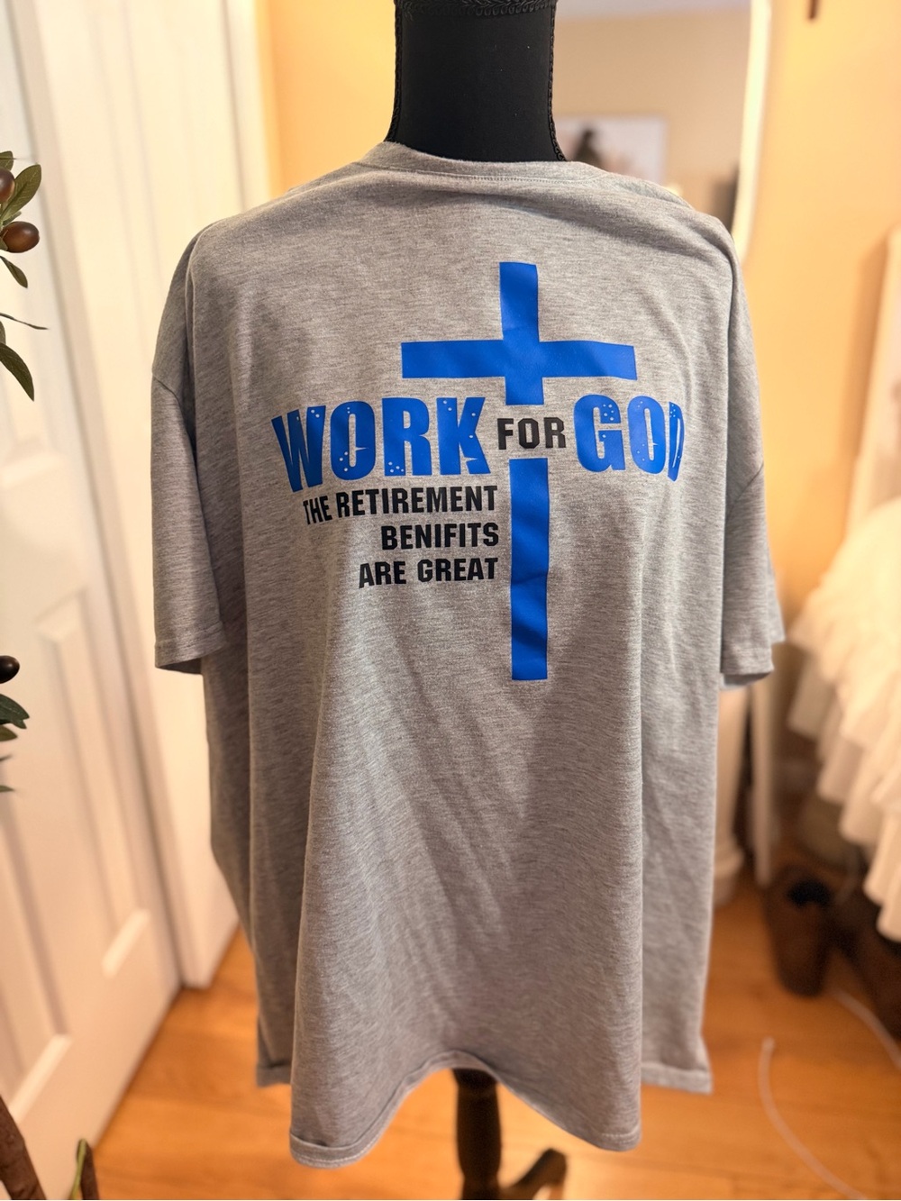 Grey T-Shirt with Blue Cross 'Work for God' Graphic